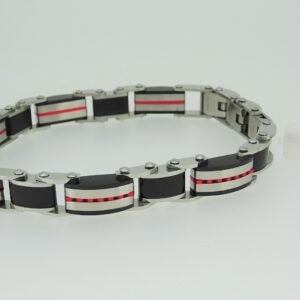 Bracelet acier gris/PVD noir et fine barres de couleur rouge