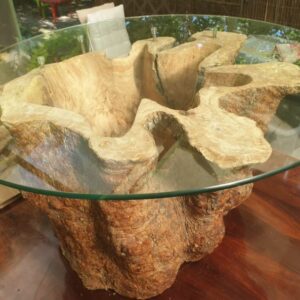 Table en verre pied tronc d'olivier